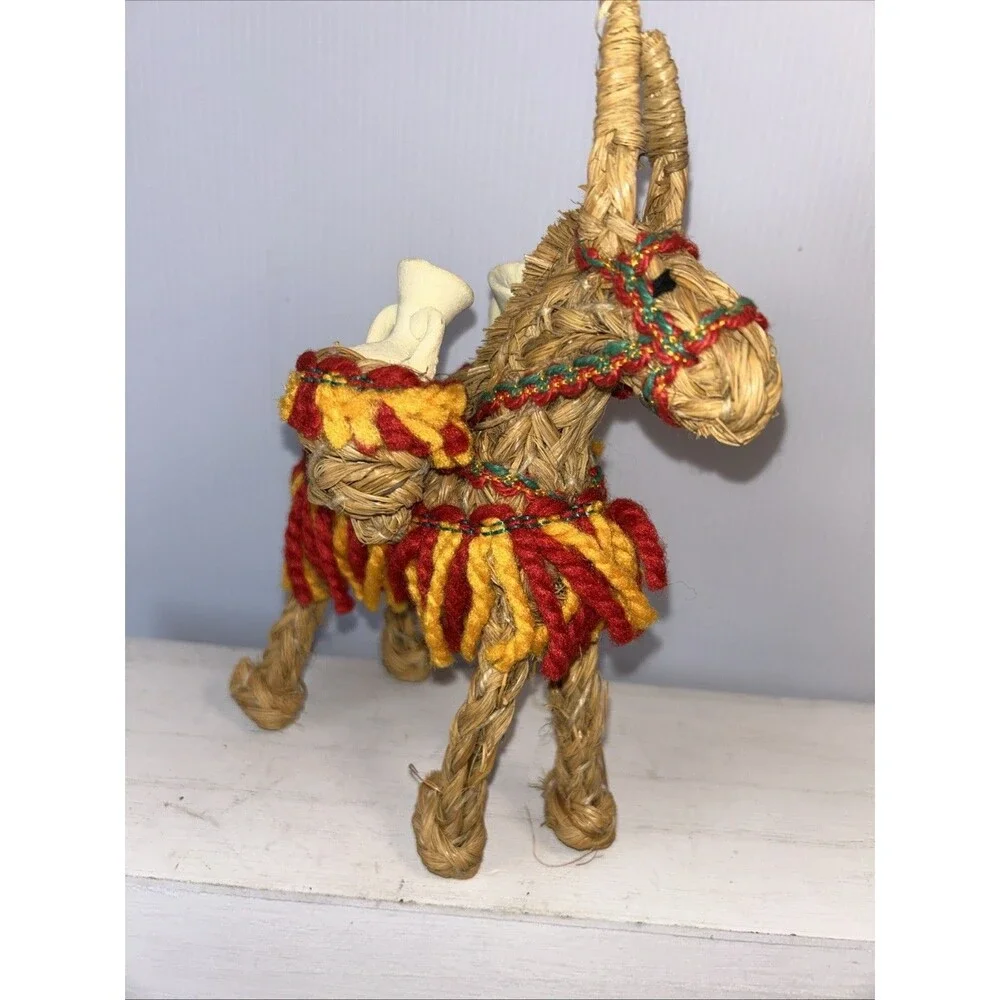 Mexican Woven Straw Donkey Burro w/Clay Pots- Pack Mule Figure Vintage Decor